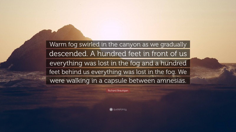 Richard Brautigan Quote: “Warm fog swirled in the canyon as we gradually descended. A hundred feet in front of us everything was lost in the fog and a hundred feet behind us everything was lost in the fog. We were walking in a capsule between amnesias.”
