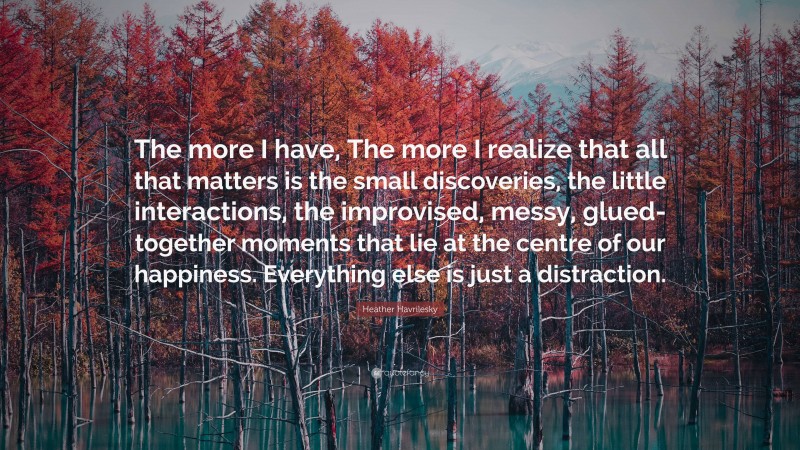 Heather Havrilesky Quote: “The more I have, The more I realize that all that matters is the small discoveries, the little interactions, the improvised, messy, glued-together moments that lie at the centre of our happiness. Everything else is just a distraction.”