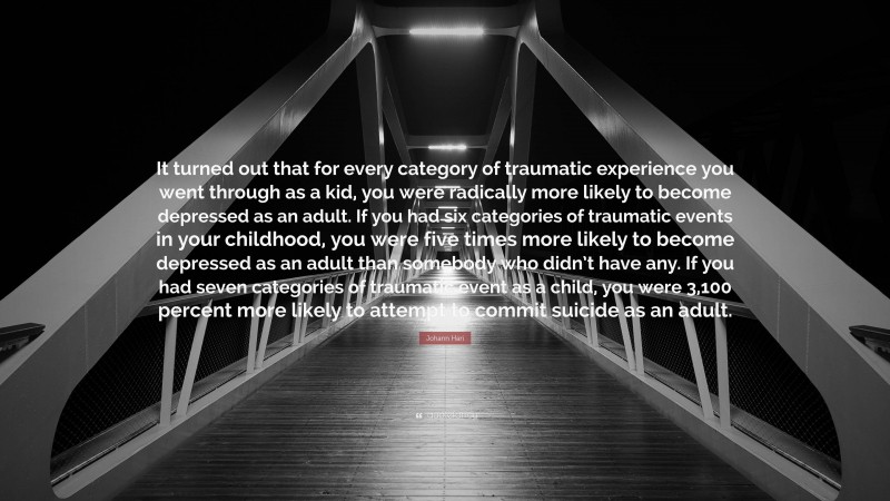 Johann Hari Quote: “It turned out that for every category of traumatic experience you went through as a kid, you were radically more likely to become depressed as an adult. If you had six categories of traumatic events in your childhood, you were five times more likely to become depressed as an adult than somebody who didn’t have any. If you had seven categories of traumatic event as a child, you were 3,100 percent more likely to attempt to commit suicide as an adult.”
