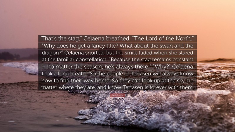 Sarah J. Maas Quote: “That’s the stag,” Celaena breathed. “The Lord of the North.” “Why does he get a fancy title? What about the swan and the dragon?” Celaena snorted, but the smile faded when she stared at the familiar constellation. “Because the stag remains constant – no matter the season, he’s always there.” “Why?” Celaena took a long breath. “So the people of Terrasen will always know how to find their way home. So they can look up at the sky, no matter where they are, and know Terrasen is forever with them.”