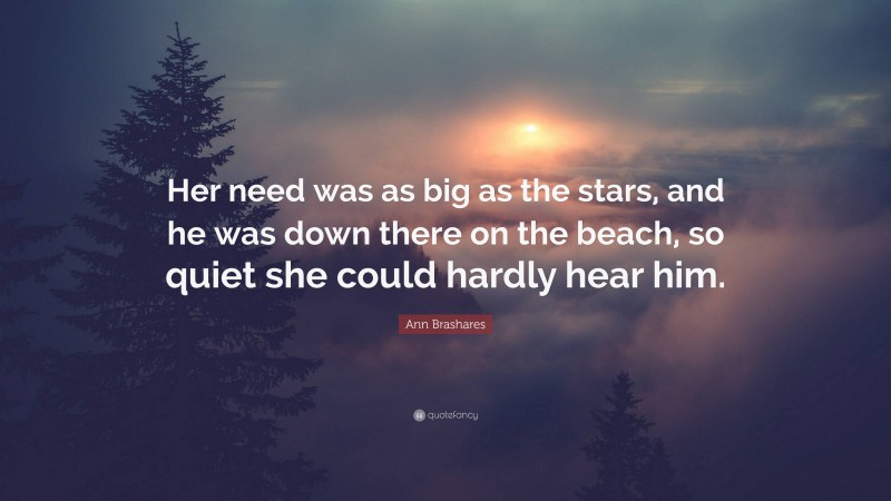 Ann Brashares Quote: “Her need was as big as the stars, and he was down there on the beach, so quiet she could hardly hear him.”