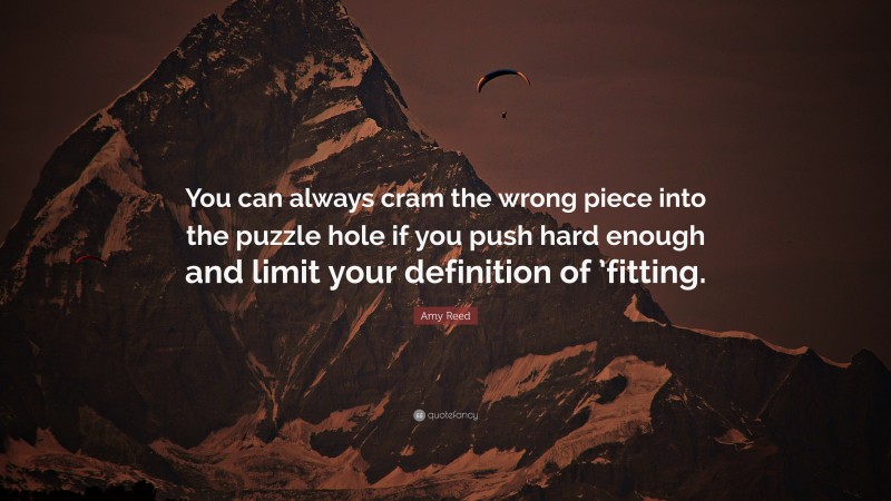 Amy Reed Quote: “You can always cram the wrong piece into the puzzle hole if you push hard enough and limit your definition of ’fitting.”