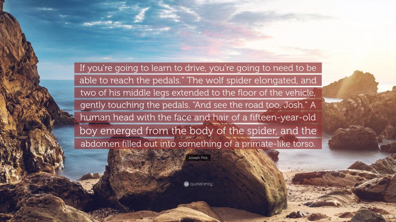 Joseph Fink Quote: “If you’re going to learn to drive, you’re going to need to be able to reach the pedals.” The wolf spider elongated, and two of his middle legs extended to the floor of the vehicle, gently touching the pedals. “And see the road too, Josh.” A human head with the face and hair of a fifteen-year-old boy emerged from the body of the spider, and the abdomen filled out into something of a primate-like torso.”