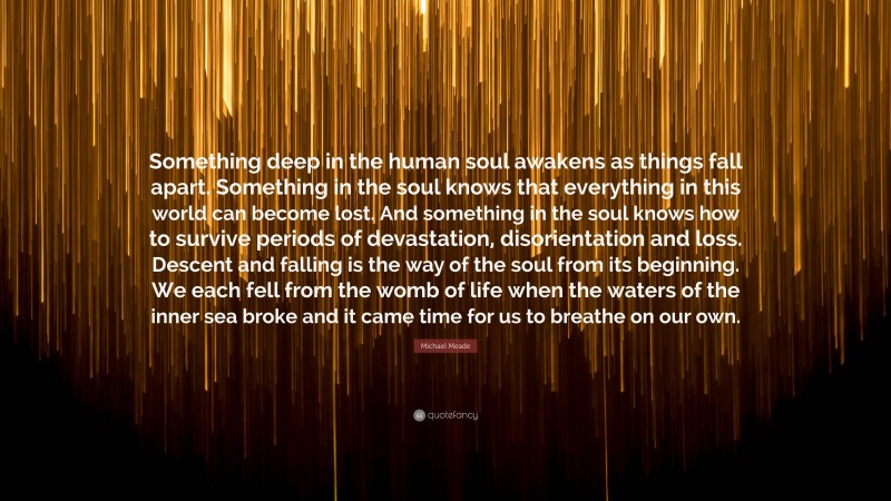 Michael Meade Quote: “Something deep in the human soul awakens as things fall apart. Something in the soul knows that everything in this world can become lost. And something in the soul knows how to survive periods of devastation, disorientation and loss. Descent and falling is the way of the soul from its beginning. We each fell from the womb of life when the waters of the inner sea broke and it came time for us to breathe on our own.”