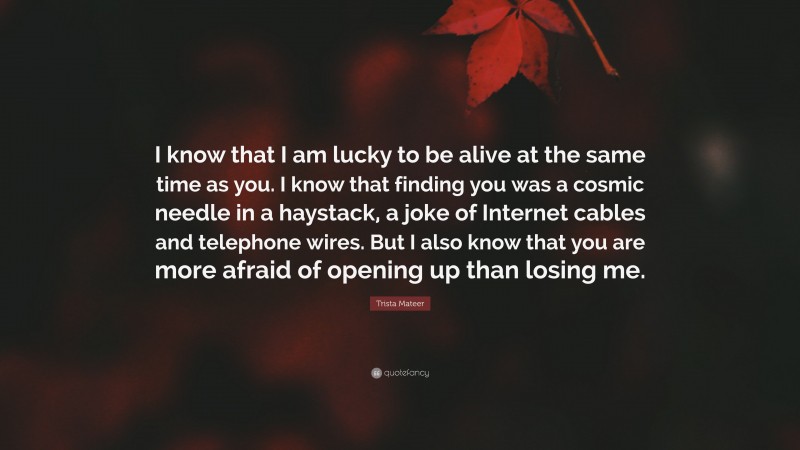 Trista Mateer Quote: “I know that I am lucky to be alive at the same time as you. I know that finding you was a cosmic needle in a haystack, a joke of Internet cables and telephone wires. But I also know that you are more afraid of opening up than losing me.”