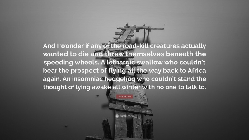 Sara Baume Quote: “And I wonder if any of the road-kill creatures actually wanted to die and threw themselves beneath the speeding wheels. A lethargic swallow who couldn’t bear the prospect of flying all the way back to Africa again. An insomniac hedgehog who couldn’t stand the thought of lying awake all winter with no one to talk to.”