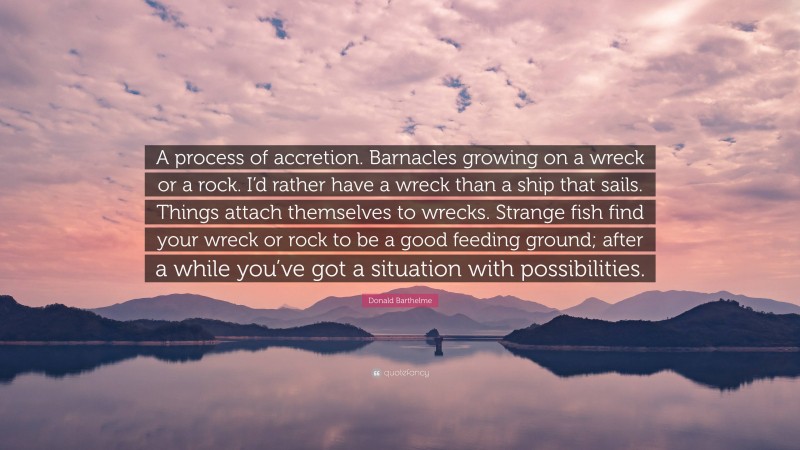 Donald Barthelme Quote: “A process of accretion. Barnacles growing on a wreck or a rock. I’d rather have a wreck than a ship that sails. Things attach themselves to wrecks. Strange fish find your wreck or rock to be a good feeding ground; after a while you’ve got a situation with possibilities.”