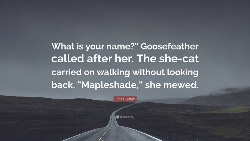 Erin Hunter Quote: “What is your name?” Goosefeather called after her. The she-cat carried on walking without looking back. “Mapleshade,” she mewed.”