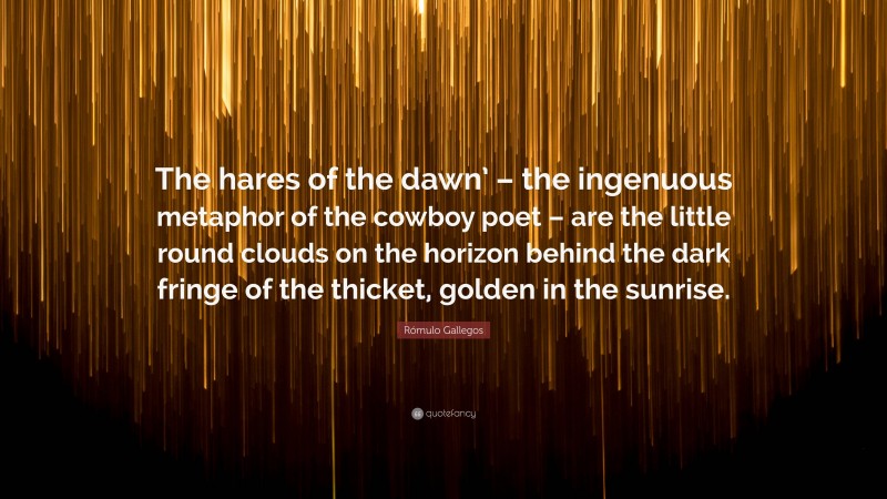 Rómulo Gallegos Quote: “The hares of the dawn’ – the ingenuous metaphor of the cowboy poet – are the little round clouds on the horizon behind the dark fringe of the thicket, golden in the sunrise.”