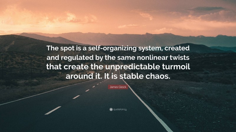 James Gleick Quote: “The spot is a self-organizing system, created and regulated by the same nonlinear twists that create the unpredictable turmoil around it. It is stable chaos.”