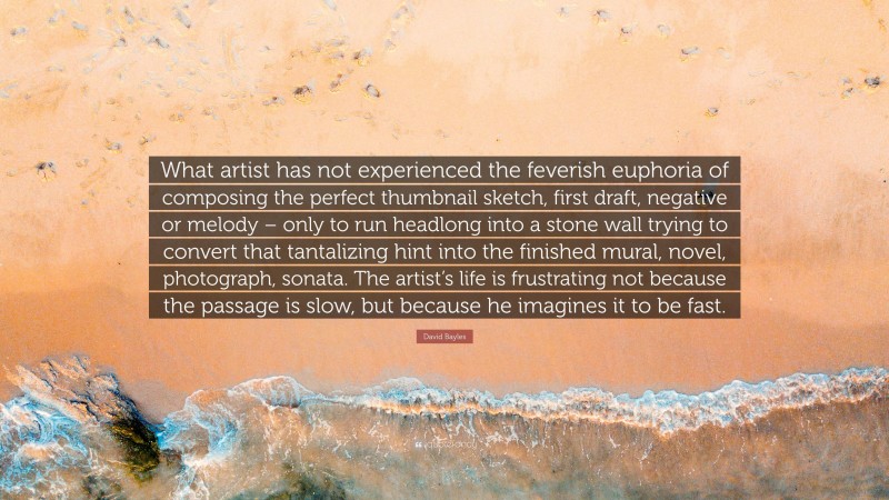 David Bayles Quote: “What artist has not experienced the feverish euphoria of composing the perfect thumbnail sketch, first draft, negative or melody – only to run headlong into a stone wall trying to convert that tantalizing hint into the finished mural, novel, photograph, sonata. The artist’s life is frustrating not because the passage is slow, but because he imagines it to be fast.”