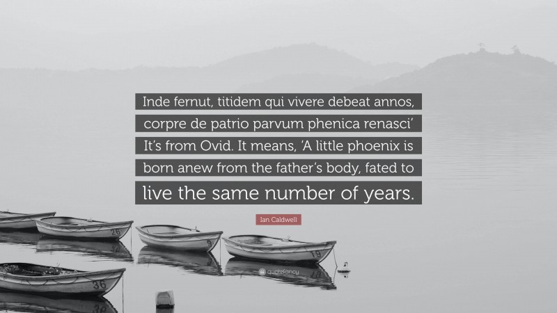 Ian Caldwell Quote: “Inde fernut, titidem qui vivere debeat annos, corpre de patrio parvum phenica renasci’ It’s from Ovid. It means, ‘A little phoenix is born anew from the father’s body, fated to live the same number of years.”