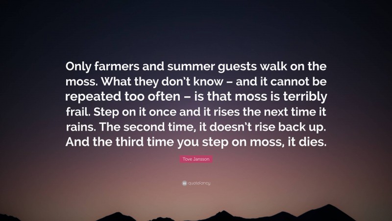 Tove Jansson Quote: “Only farmers and summer guests walk on the moss. What they don’t know – and it cannot be repeated too often – is that moss is terribly frail. Step on it once and it rises the next time it rains. The second time, it doesn’t rise back up. And the third time you step on moss, it dies.”