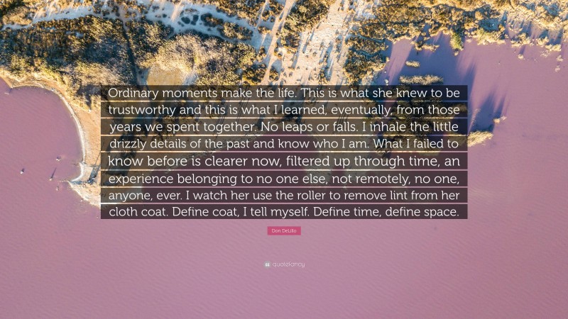 Don DeLillo Quote: “Ordinary moments make the life. This is what she knew to be trustworthy and this is what I learned, eventually, from those years we spent together. No leaps or falls. I inhale the little drizzly details of the past and know who I am. What I failed to know before is clearer now, filtered up through time, an experience belonging to no one else, not remotely, no one, anyone, ever. I watch her use the roller to remove lint from her cloth coat. Define coat, I tell myself. Define time, define space.”