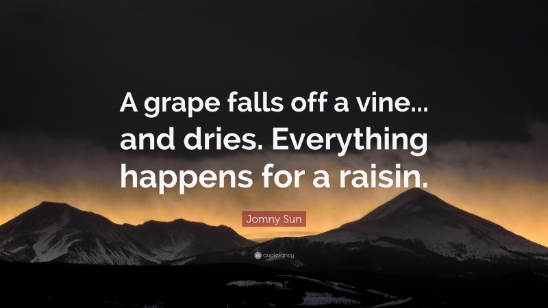 Jomny Sun Quote: “A grape falls off a vine... and dries. Everything happens for a raisin.”
