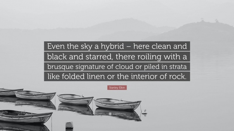 Stanley Elkin Quote: “Even the sky a hybrid – here clean and black and starred, there roiling with a brusque signature of cloud or piled in strata like folded linen or the interior of rock.”