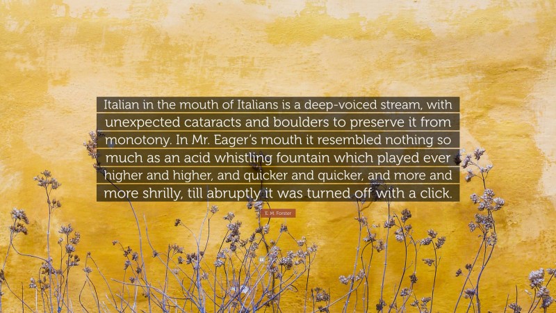 E. M. Forster Quote: “Italian in the mouth of Italians is a deep-voiced stream, with unexpected cataracts and boulders to preserve it from monotony. In Mr. Eager’s mouth it resembled nothing so much as an acid whistling fountain which played ever higher and higher, and quicker and quicker, and more and more shrilly, till abruptly it was turned off with a click.”