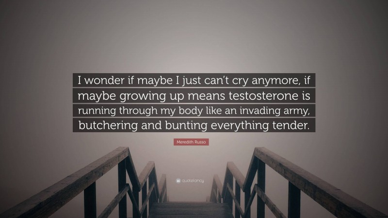 Meredith Russo Quote: “I wonder if maybe I just can’t cry anymore, if maybe growing up means testosterone is running through my body like an invading army, butchering and bunting everything tender.”