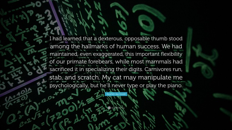 Stephen Jay Gould Quote: “I had learned that a dexterous, opposable thumb stood among the hallmarks of human success. We had maintained, even exaggerated, this important flexibility of our primate forebears, while most mammals had sacrificed it in specializing their digits. Carnivores run, stab, and scratch. My cat may manipulate me psychologically, but he’ll never type or play the piano.”