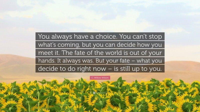 G. Willow Wilson Quote: “You always have a choice. You can’t stop what’s coming, but you can decide how you meet it. The fate of the world is out of your hands. It always was. But your fate – what you decide to do right now – is still up to you.”