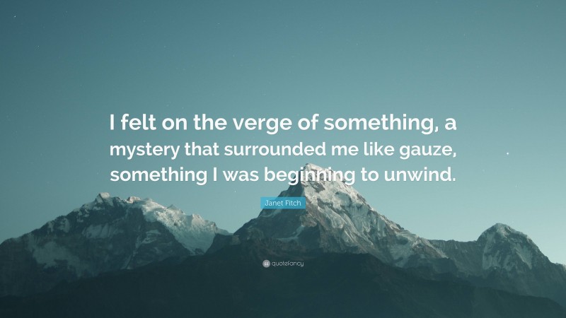 Janet Fitch Quote: “I felt on the verge of something, a mystery that surrounded me like gauze, something I was beginning to unwind.”