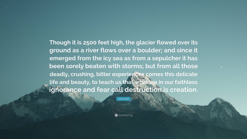 John Muir Quote: “Though it is 2500 feet high, the glacier flowed over its ground as a river flows over a boulder; and since it emerged from the icy sea as from a sepulcher it has been sorely beaten with storms; but from all those deadly, crushing, bitter experiences comes this delicate life and beauty, to teach us that what we in our faithless ignorance and fear call destruction is creation.”