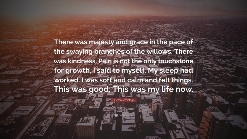 Ottessa Moshfegh Quote: “There was majesty and grace in the pace of the swaying branches of the willows. There was kindness. Pain is not the only touchstone for growth, I said to myself. My sleep had worked. I was soft and calm and felt things. This was good. This was my life now.”