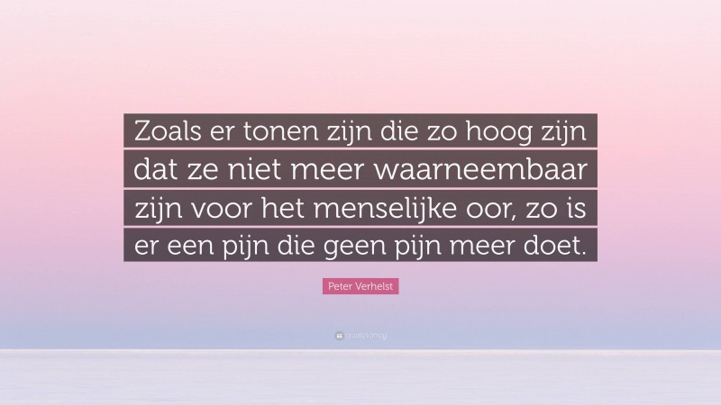 Peter Verhelst Quote: “Zoals er tonen zijn die zo hoog zijn dat ze niet meer waarneembaar zijn voor het menselijke oor, zo is er een pijn die geen pijn meer doet.”