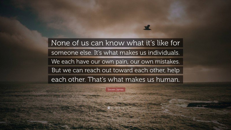 Steven James Quote: “None of us can know what it’s like for someone else. It’s what makes us individuals. We each have our own pain, our own mistakes. But we can reach out toward each other, help each other. That’s what makes us human.”