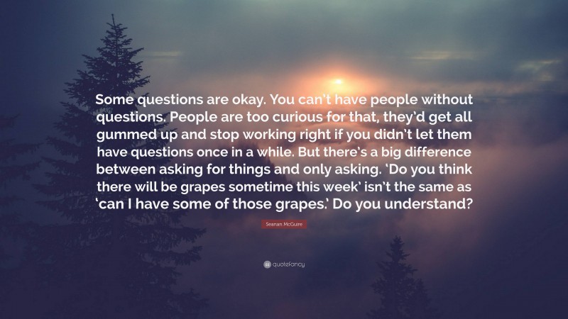 Seanan McGuire Quote: “Some questions are okay. You can’t have people without questions. People are too curious for that, they’d get all gummed up and stop working right if you didn’t let them have questions once in a while. But there’s a big difference between asking for things and only asking. ‘Do you think there will be grapes sometime this week’ isn’t the same as ‘can I have some of those grapes.’ Do you understand?”