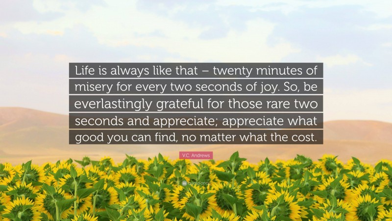 V.C. Andrews Quote: “Life is always like that – twenty minutes of misery for every two seconds of joy. So, be everlastingly grateful for those rare two seconds and appreciate; appreciate what good you can find, no matter what the cost.”