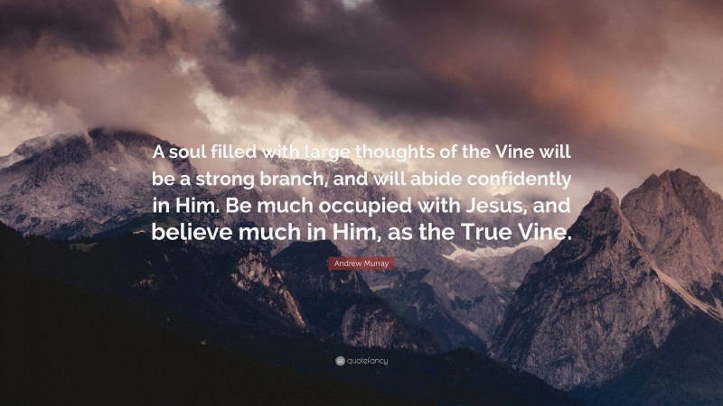 Andrew Murray Quote: “A soul filled with large thoughts of the Vine will be a strong branch, and will abide confidently in Him. Be much occupied with Jesus, and believe much in Him, as the True Vine.”