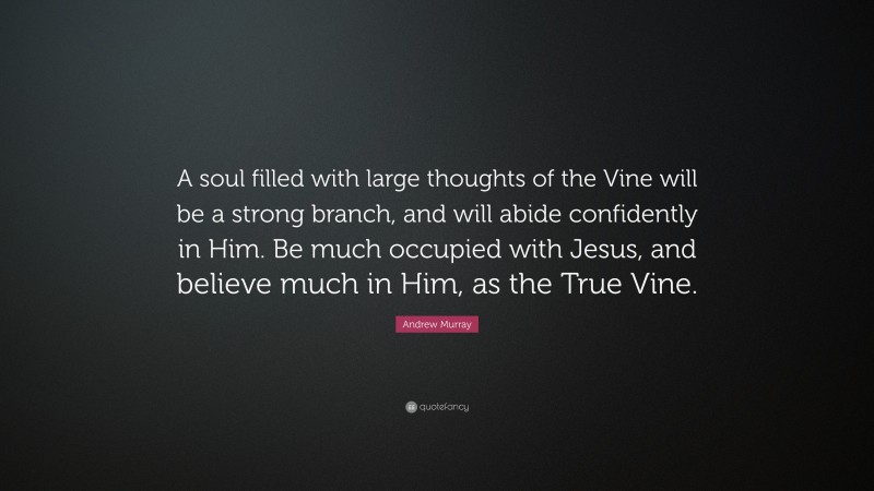 Andrew Murray Quote: “A soul filled with large thoughts of the Vine will be a strong branch, and will abide confidently in Him. Be much occupied with Jesus, and believe much in Him, as the True Vine.”