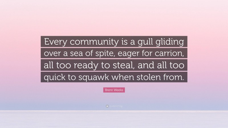 Brent Weeks Quote: “Every community is a gull gliding over a sea of spite, eager for carrion, all too ready to steal, and all too quick to squawk when stolen from.”