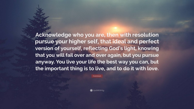 Common Quote: “Acknowledge who you are, then with resolution pursue your higher self, that ideal and perfect version of yourself, reflecting God’s light, knowing that you will fail over and over again, but you pursue anyway. You live your life the best way you can, but the important thing is to live, and to do it with love.”