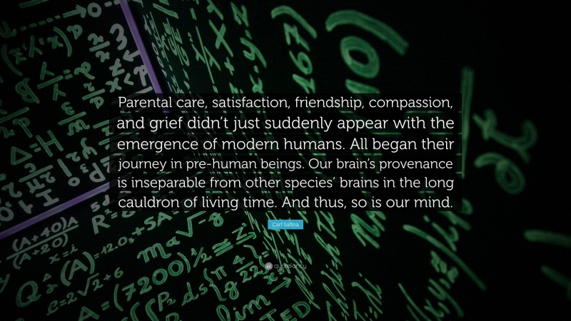 Carl Safina Quote: “Parental care, satisfaction, friendship, compassion, and grief didn’t just suddenly appear with the emergence of modern humans. All began their journey in pre-human beings. Our brain’s provenance is inseparable from other species’ brains in the long cauldron of living time. And thus, so is our mind.”