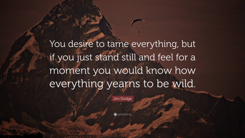 Jim Dodge Quote: “You desire to tame everything, but if you just stand still and feel for a moment you would know how everything yearns to be wild.”