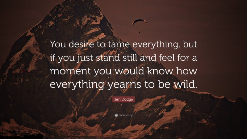 Jim Dodge Quote: “You desire to tame everything, but if you just stand still and feel for a moment you would know how everything yearns to be wild.”