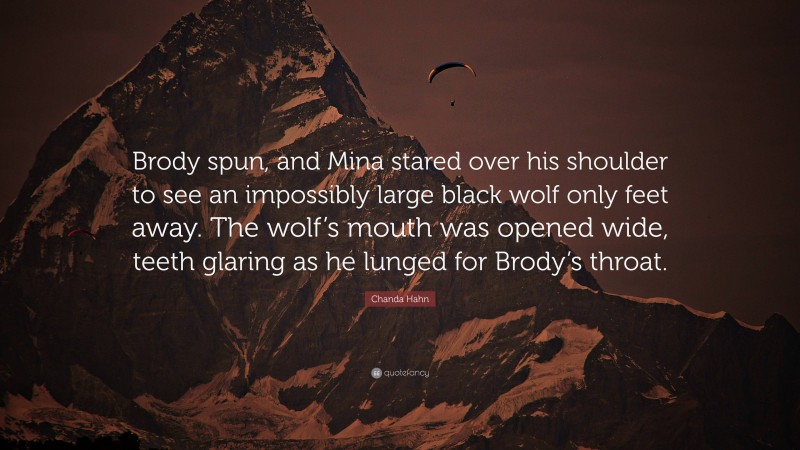 Chanda Hahn Quote: “Brody spun, and Mina stared over his shoulder to see an impossibly large black wolf only feet away. The wolf’s mouth was opened wide, teeth glaring as he lunged for Brody’s throat.”