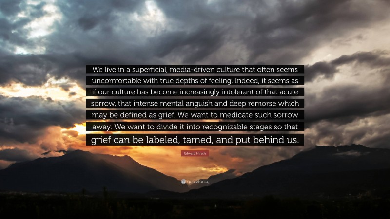 Edward Hirsch Quote: “We live in a superficial, media-driven culture that often seems uncomfortable with true depths of feeling. Indeed, it seems as if our culture has become increasingly intolerant of that acute sorrow, that intense mental anguish and deep remorse which may be defined as grief. We want to medicate such sorrow away. We want to divide it into recognizable stages so that grief can be labeled, tamed, and put behind us.”