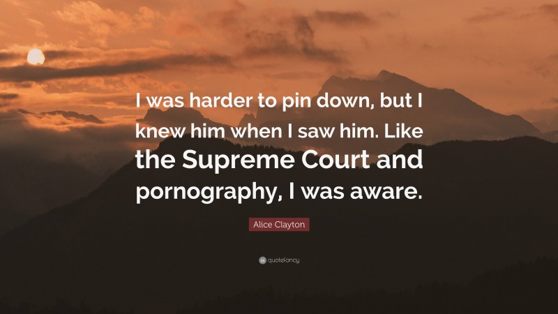 Alice Clayton Quote: “I was harder to pin down, but I knew him when I saw him. Like the Supreme Court and pornography, I was aware.”