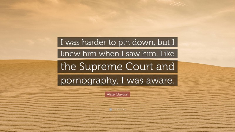 Alice Clayton Quote: “I was harder to pin down, but I knew him when I saw him. Like the Supreme Court and pornography, I was aware.”