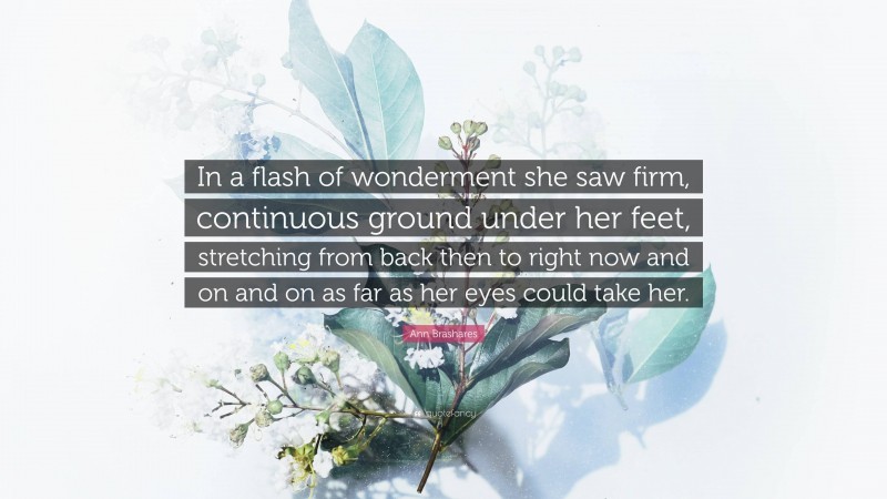 Ann Brashares Quote: “In a flash of wonderment she saw firm, continuous ground under her feet, stretching from back then to right now and on and on as far as her eyes could take her.”