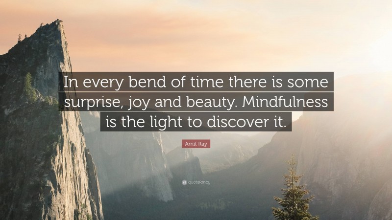 Amit Ray Quote: “In every bend of time there is some surprise, joy and beauty. Mindfulness is the light to discover it.”