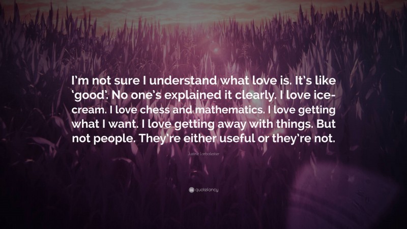 Justine Larbalestier Quote: “I’m not sure I understand what love is. It’s like ‘good’. No one’s explained it clearly. I love ice-cream. I love chess and mathematics. I love getting what I want. I love getting away with things. But not people. They’re either useful or they’re not.”