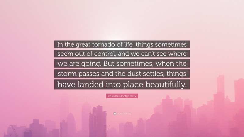 Charisse Montgomery Quote: “In the great tornado of life, things sometimes seem out of control, and we can’t see where we are going. But sometimes, when the storm passes and the dust settles, things have landed into place beautifully.”