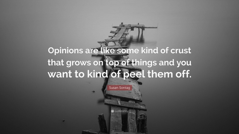 Susan Sontag Quote: “Opinions are like some kind of crust that grows on top of things and you want to kind of peel them off.”