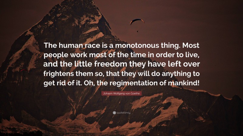 Johann Wolfgang von Goethe Quote: “The human race is a monotonous thing. Most people work most of the time in order to live, and the little freedom they have left over frightens them so, that they will do anything to get rid of it. Oh, the regimentation of mankind!”