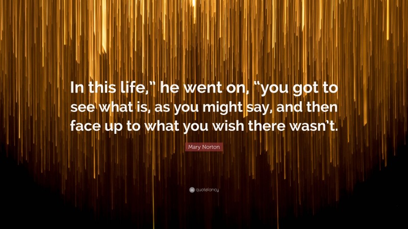 Mary Norton Quote: “In this life,” he went on, “you got to see what is, as you might say, and then face up to what you wish there wasn’t.”