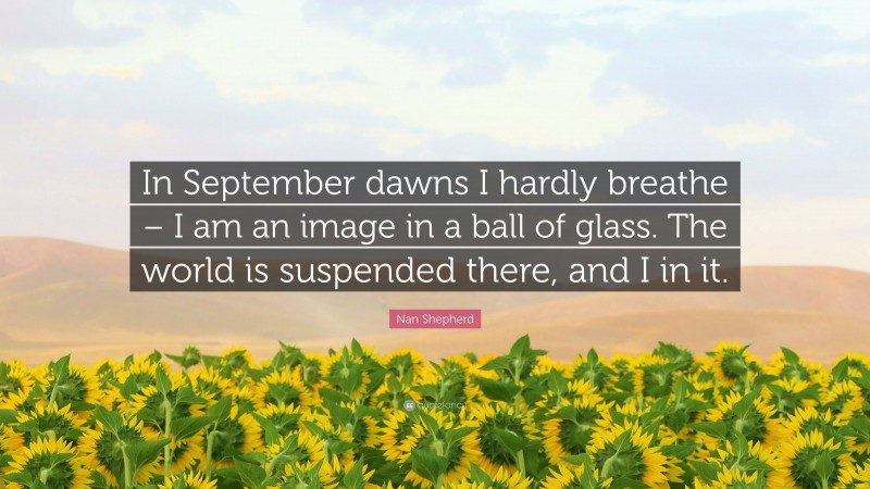 Nan Shepherd Quote: “In September dawns I hardly breathe – I am an image in a ball of glass. The world is suspended there, and I in it.”